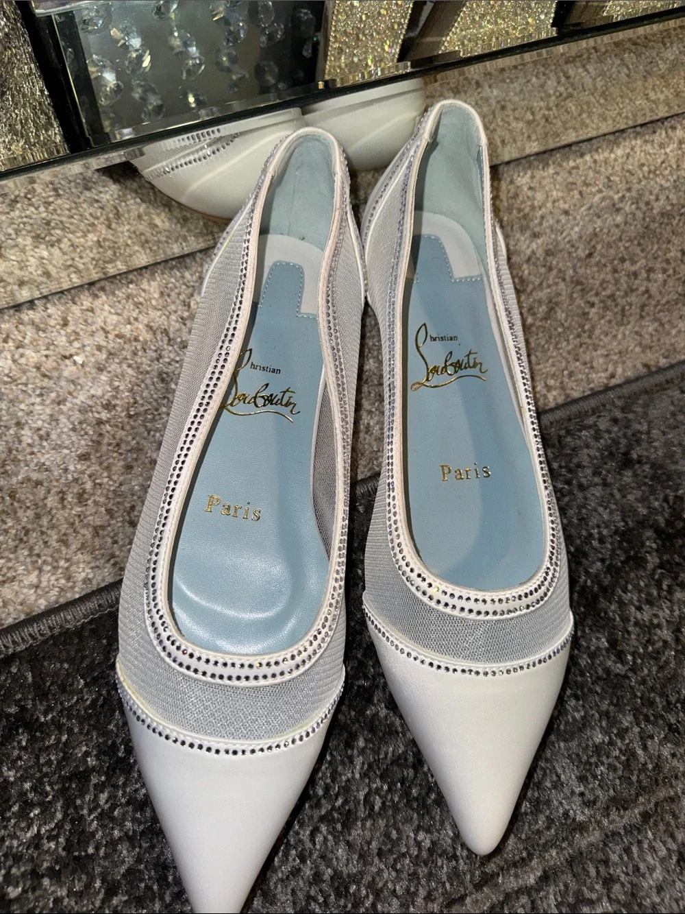 Christian Louboutin White Pointed Toe Mesh & Leather Flats with Crystal Trim